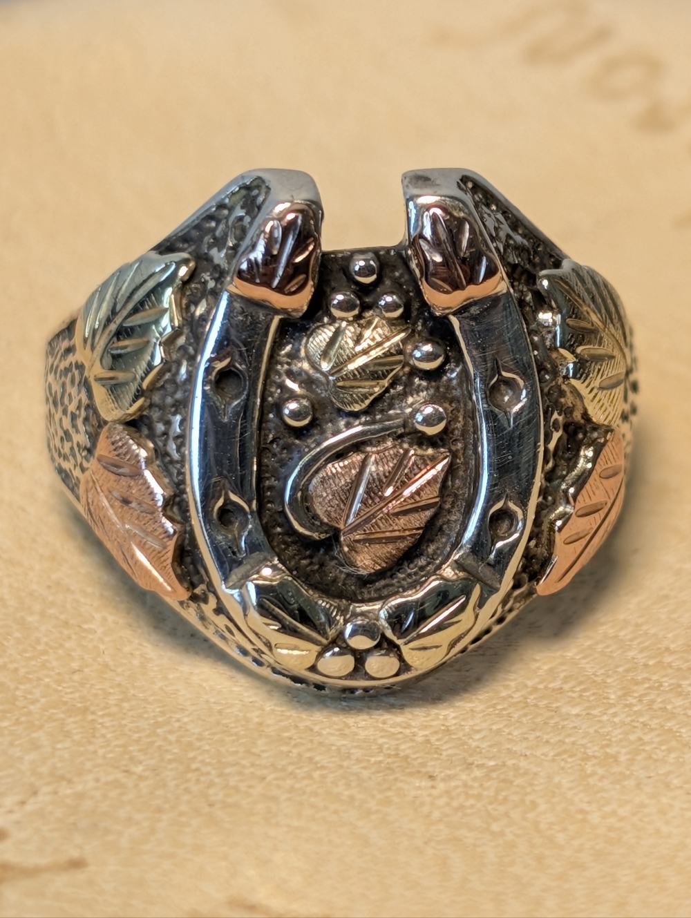 Vintage Wheeler Sterling Silver & 12K Black Hills Gold Horseshoe Ring Sz 9.75